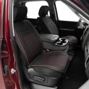Waterproof Leather Front and Rear Seat Covers; Black and Red 09-25 RAM 3500 Crew Cab